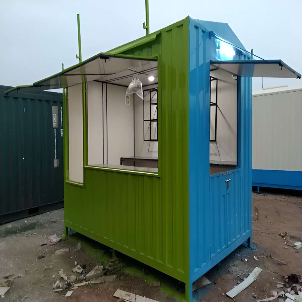 Portable retail outlet container cabin with serving window and canopy for shop or kiosk use
